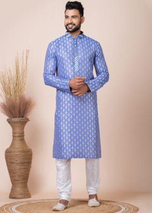 Blue Woven Men Kurta Pajama 