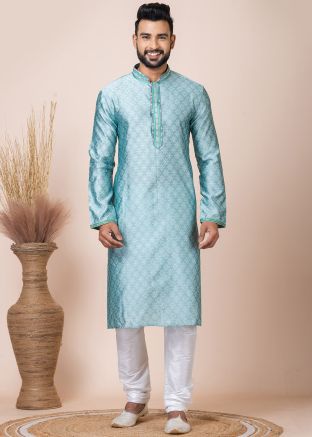 Blue Printed Men Kurta Pajama