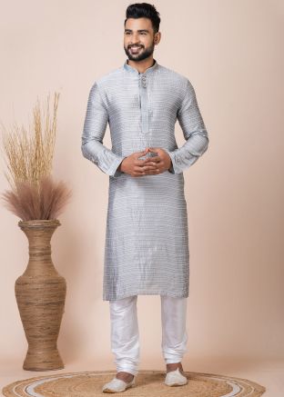 Grey Woven Men Kurta Pajama In Jacquard
