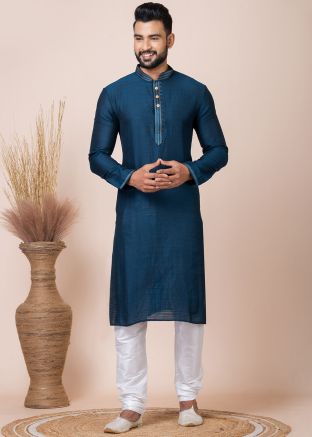 Blue Woven Men Kurta Pajama In Jacquard