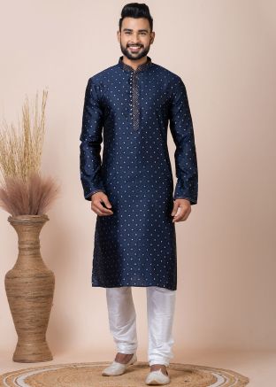 Blue Men Kurta Pajama In Woven Work
