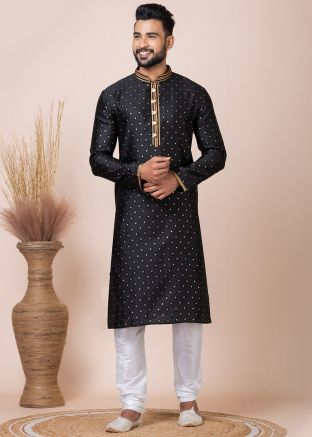Black Woven Men Kurta Pajama