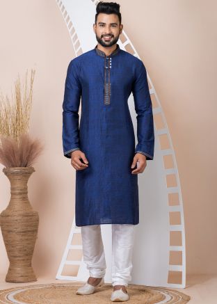 Blue Men Woven Kurta Pajama In Jacquard