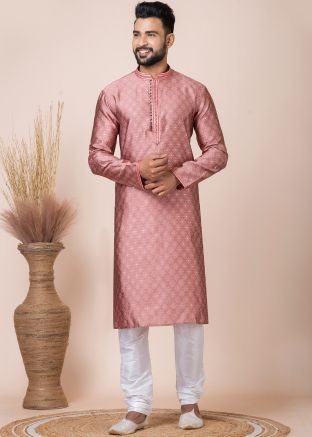 Pink Printed Men Kurta Pajama