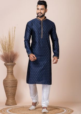 Blue Woven Men Kurta Pajama