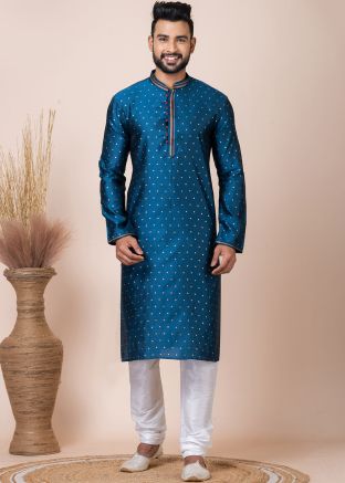 Blue Woven Men Kurta Pajama