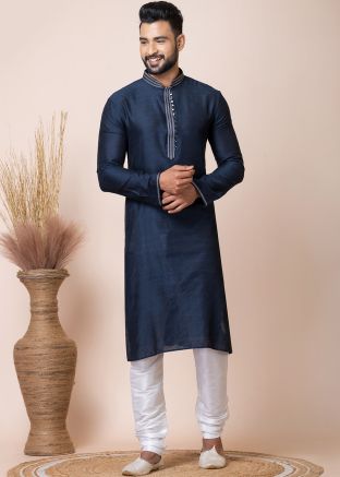 Blue Woven Men Kurta Pajama