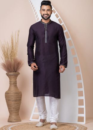 Purple Printed Men Kurta Pajama In Jacquard