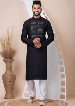 Black Embroidered Kurta Pajama For Men