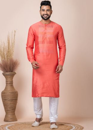 Orange Embroidered Kurta Pajama For Men