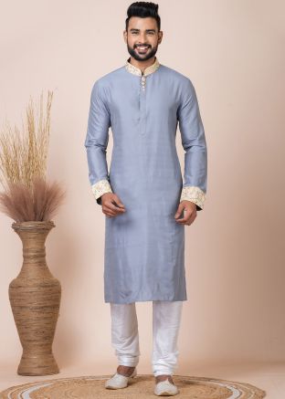 Grey Embroidered Men Kurta Pajama In Viscose