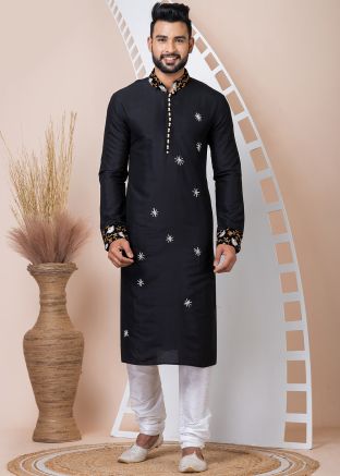 Readymade Black Embroidered Men Kurta Pajama