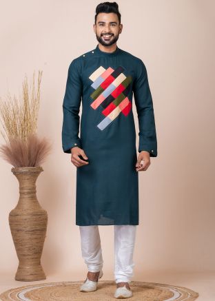 Readymade Teal Blue Patch Work Kurta Pajama