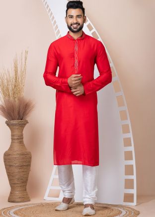 Red Readymade Men Kurta Pajama Set