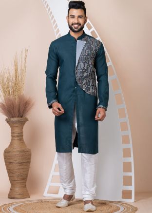 Teal Blue Embroidered Men Kurta With Pajama