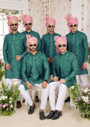 Green Groomsmen Indo Western Sherwani With Embroidered Jacket