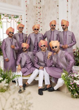 Groomsmen Kurta Pajama With Nehru Jacket In Purple
