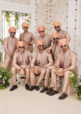 Beige Groomsmen Kurta Pajama With Embroidered Nehru Jacket