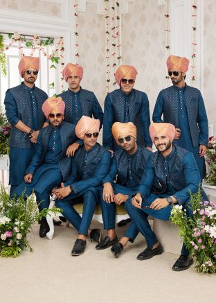 Blue Groomsmen Kurta Pajama With Embroidered Nehru Jacket