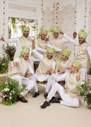 Groomsmen White Kurta Pajama With Embroidered Nehru Jacket