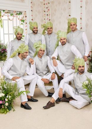 Groomsmen White Kurta Pajama With Embroidered Nehru Jacket