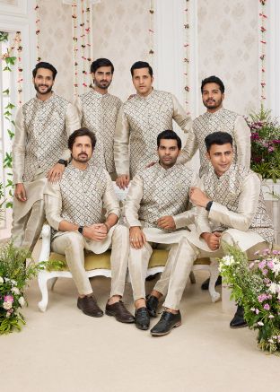 Grey Groomsmen Kurta Pajama With Embroidered Nehru Jacket