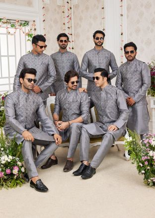Groomsmen Kurta Pajama With Embroidered Nehru Jacket In Grey