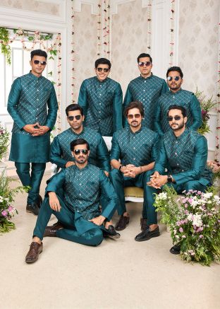 Groomsmen Indo Western Sherwani With Jacket In Teal Green