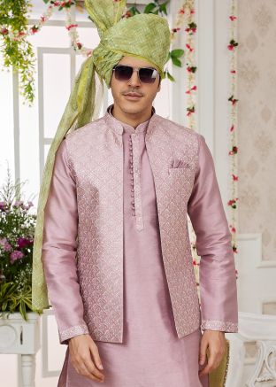 Mauve Pink Embroidered Men Nehru Jacket