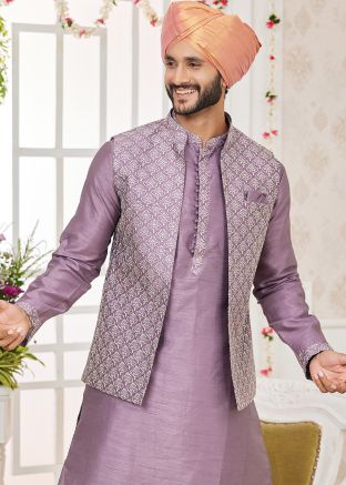 Purple Embroidered Men Nehru Jacket