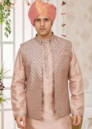 Beige Embroidered Men Art Silk Nehru Jacket