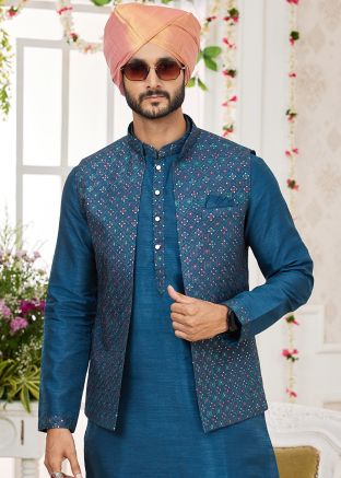Blue Embroidered Men Art Silk Nehru Jacket