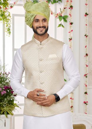 Men Cream Embroidered Art Silk Nehru Jacket
