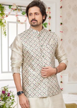 Men Grey Readymade Embroidered Nehru Jacket