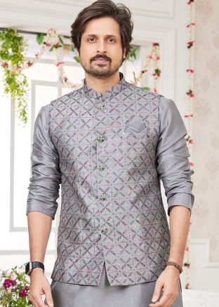 Men Grey Readymade Embroidered Nehru Jacket