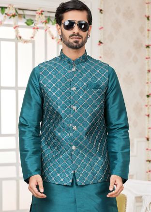 Men Teal Green Readymade Embroidered Jacket