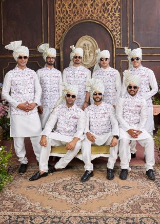 Cream Art Silk Groomsmen Kurta Pajama With Nehru Jacket 