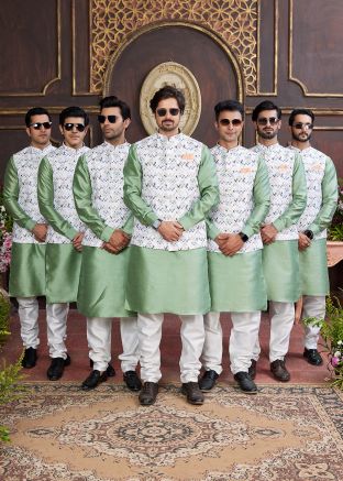 Green Groomsmen Kurta Pajama With Nehru Jacket In Art Silk  