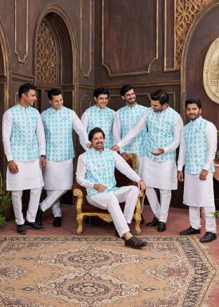 Off White Groomsmen Kurta Pajama With Nehru Jacket In Embroidery