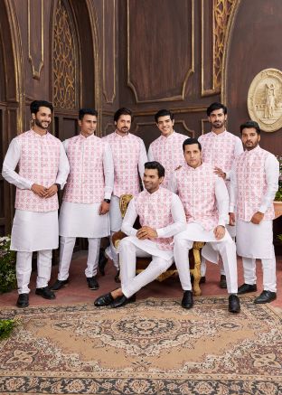 Groomsmen Off White/ White Art Silk Kurta Pajama With Nehru Jacket 