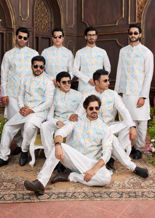 Cream Groomsmen Kurta Pajama With Nehru Jacket In Art Silk
