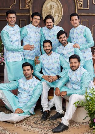 Blue Groomsmen Kurta Pajama With Nehru Jacket In Art Silk