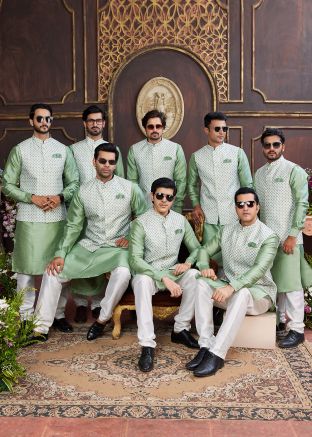 Green Groomsmen Art Silk Kurta Pajama With Nehru Jacket 