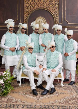 Groomsmen Cream Art Silk Kurta Pajama With Nehru Jacket 
