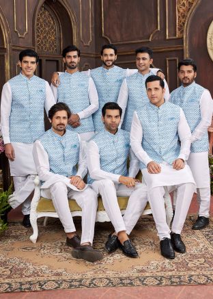 Off White Groomsmen Kurta Pajama With Nehru Jacket In Print