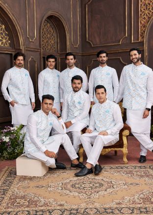 Groomsmen Off White Kurta Pajama With Nehru Jacket In Embroidery