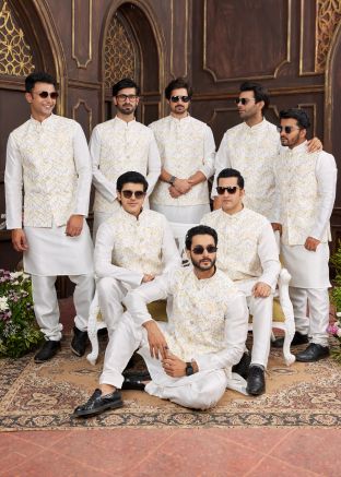 Cream Groomsmen Kurta Pajama With Nehru Jacket In Art Silk