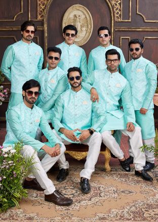 Turquoise Groomsmen Kurta Pajama With Nehru Jacket 
