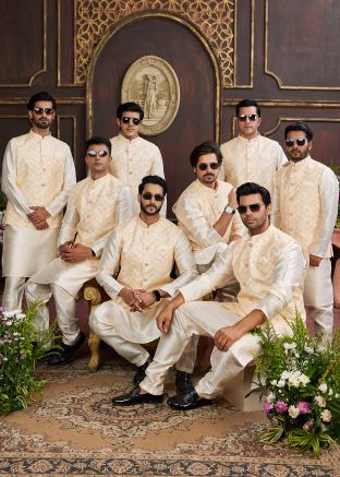 Beige Groomsmen Kurta Pajama With Nehru Jacket In Embroidery