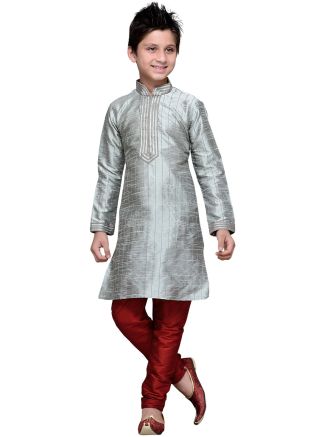 Readymade Grey Art Silk Kids Kurta Pajama